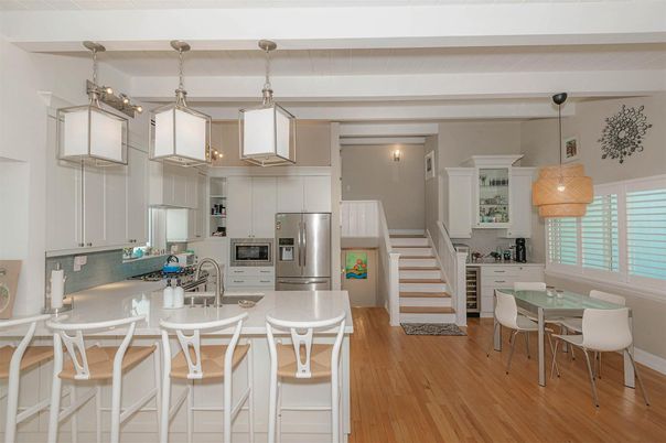 Dining room, Interior, Kitchen, Pendant Lights, Stainless Steel Appliances, Wood Texture Flooring