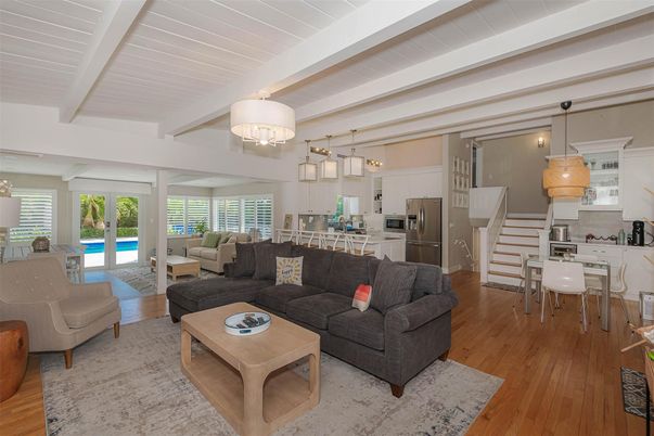 Dining room, Interior, Kitchen, Living room, Pendant Lights, Stainless Steel Appliances, Wood Texture Flooring
