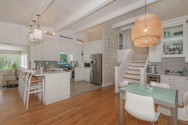 Dining room, Interior, Kitchen, Pendant Lights, Stainless Steel Appliances, Wood Texture Flooring