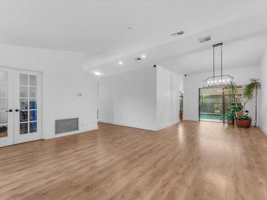 Empty room, Interior, Pendant Lights, Recessed Lighting, Wood Texture Flooring