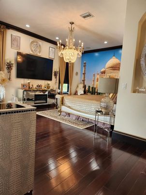 Bedroom, Chandelier, Interior, Recessed Lighting, Wood Texture Flooring