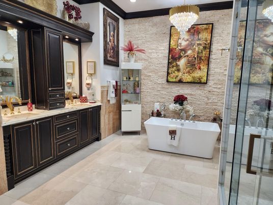 Bathroom, Chandelier, Dual Sink Vanities, Free Standing Baths, Interior, Pendant Lights, Recessed Lighting