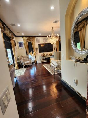 Chandelier, Interior, Living room, Recessed Lighting, Wood Texture Flooring