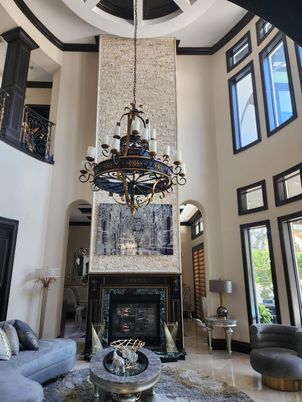 Chandelier, Fireplace, Interior, Living room