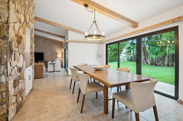 Dining room, Interior, Pendant Lights, Stone Walls, Wooden Beams, Wooden Walls