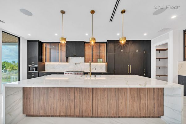 Interior, Kitchen, Marble Walls, Pendant Lights, Recessed Lighting