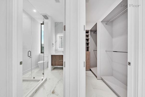 Bathroom, Glass Shower, Interior, Marble, Recessed Lighting, Walk-in Closets