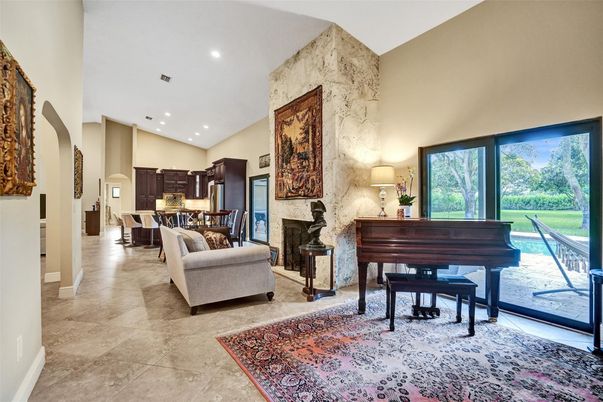Dining room, Fireplace, Interior, Kitchen, Living room, Piano, Recessed Lighting