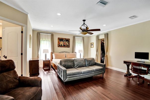Bedroom, Interior, Recessed Lighting, Wood Texture Flooring