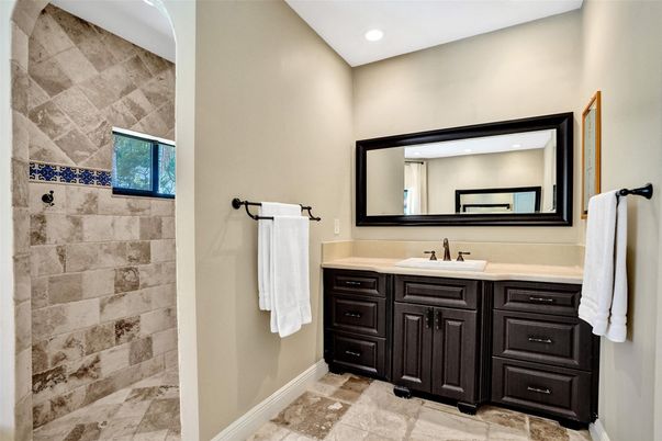 Bathroom, Interior, Recessed Lighting, Stone Walls