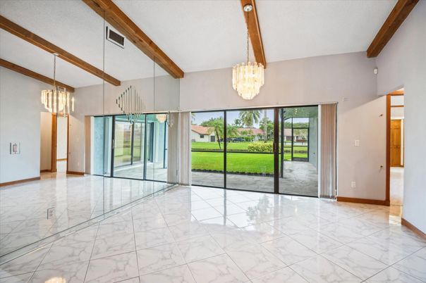 Chandelier, Empty room, Interior, Marble, Wooden Beams