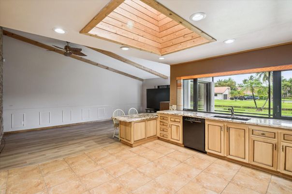 Interior, Kitchen, Recessed Lighting, Wooden Ceilings, Wood Texture Flooring