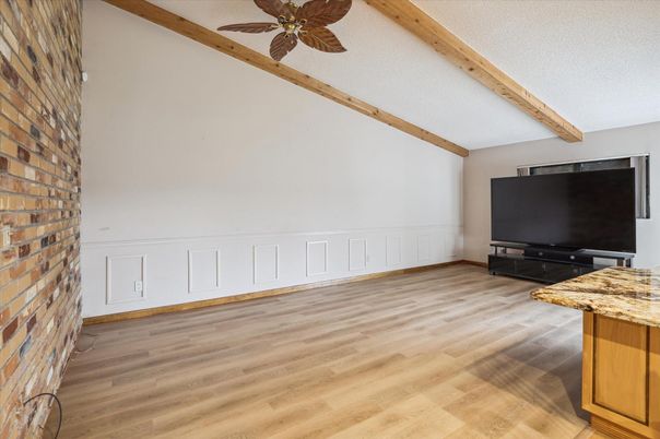 Empty room, Interior, Stone Walls, Wooden Beams, Wood Texture Flooring