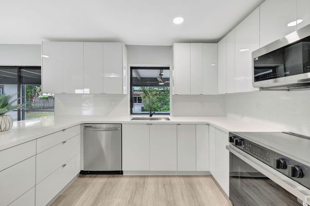 Interior, Kitchen, Recessed Lighting, Stainless Steel Appliances, Wood Texture Flooring