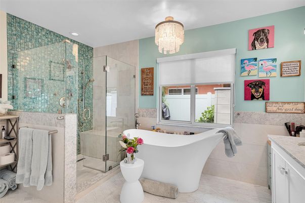 Bathroom, Chandelier, Free Standing Baths, Glass Shower, Interior, Recessed Lighting