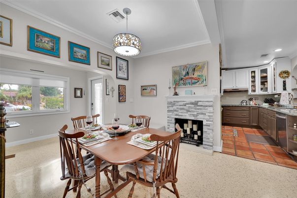 Dining room, Fireplace, Interior, Kitchen, Pendant Lights, Recessed Lighting