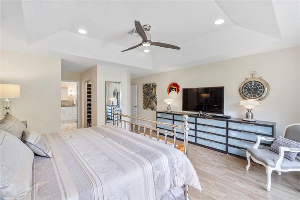 Bedroom, Interior, Recessed Lighting, Wood Texture Flooring