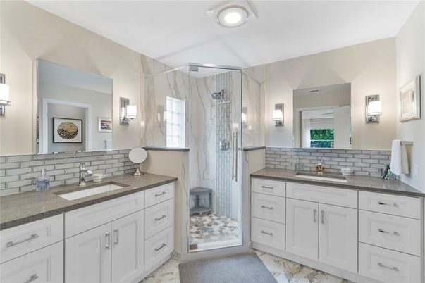 Bathroom, Dual Sink Vanities, Glass Shower, Interior, Marble Walls