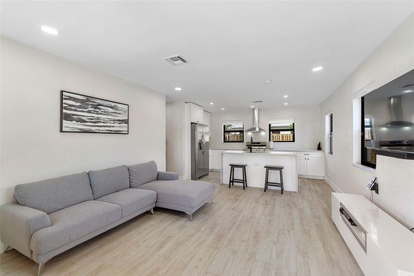 Interior, Kitchen, Living room, Pendant Lights, Recessed Lighting, Stainless Steel Appliances, Wood Texture Flooring