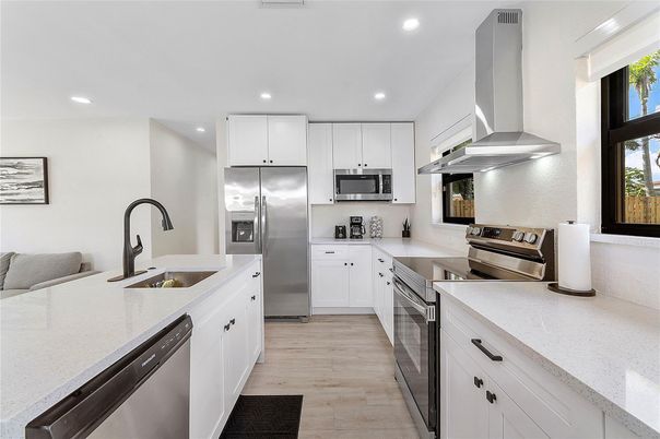 Interior, Kitchen, Recessed Lighting, Stainless Steel Appliances, Wood Texture Flooring