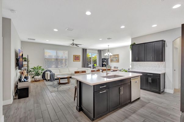 Chandelier, Dining room, Interior, Kitchen, Living room, Recessed Lighting, Wood Texture Flooring