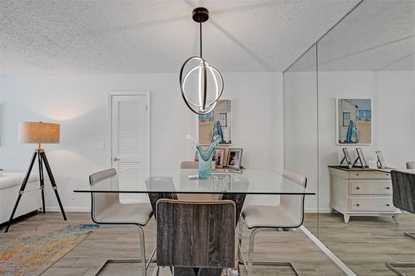 Dining room, Interior, Pendant Lights, Wood Texture Flooring