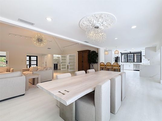 Chandelier, Dining room, Interior, Kitchen, Living room, Pendant Lights, Recessed Lighting, Wood Texture Flooring