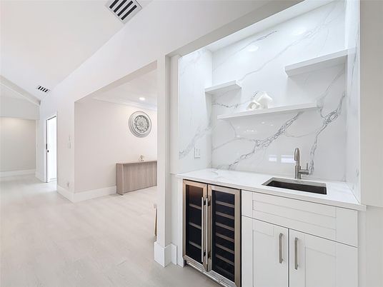 Interior, Kitchen, Marble Walls, Recessed Lighting, Wood Texture Flooring