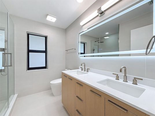 Bathroom, Dual Sink Vanities, Glass Shower, Interior, Recessed Lighting