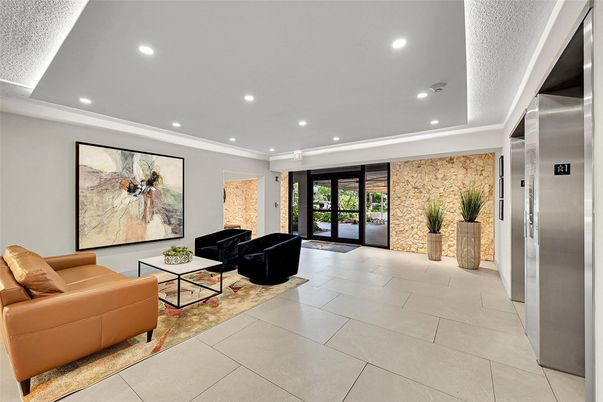 Elevator, Interior, Living room, Recessed Lighting, Stone Walls
