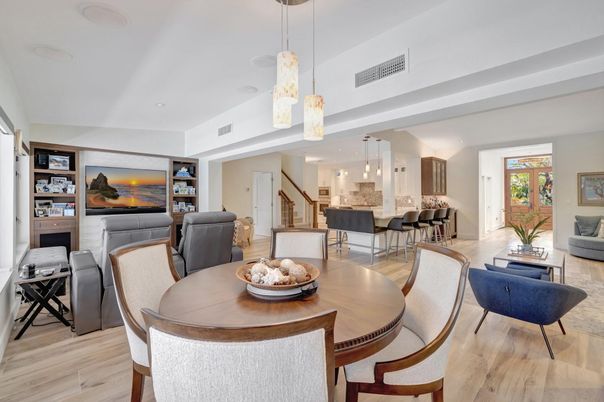Dining room, Interior, Living room, Pendant Lights, Recessed Lighting, Wood Texture Flooring