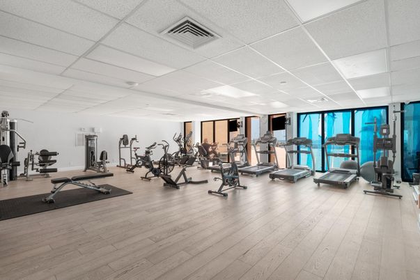 Fitness Equipment, Gym, Interior, Recessed Lighting, Wood Texture Flooring