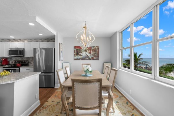 Dining room, Interior, Kitchen, Pendant Lights, Recessed Lighting, Stainless Steel Appliances, Water, Wood Texture Flooring