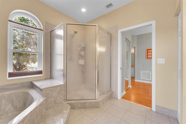 Bathroom, Glass Shower, Interior, Recessed Lighting, Wood Texture Flooring