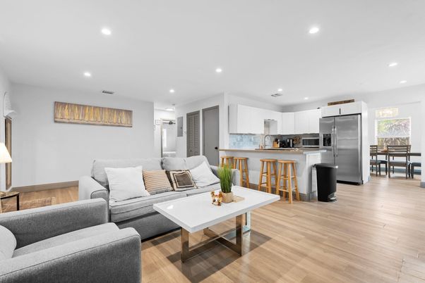 Dining room, Interior, Kitchen, Living room, Recessed Lighting, Stainless Steel Appliances, Wood Texture Flooring