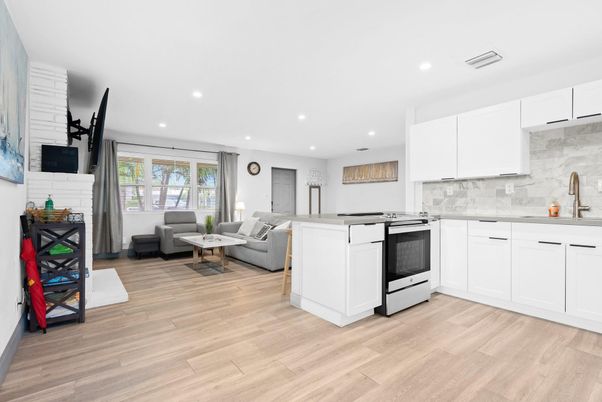 Interior, Kitchen, Living room, Recessed Lighting, Stainless Steel Appliances, Wood Texture Flooring