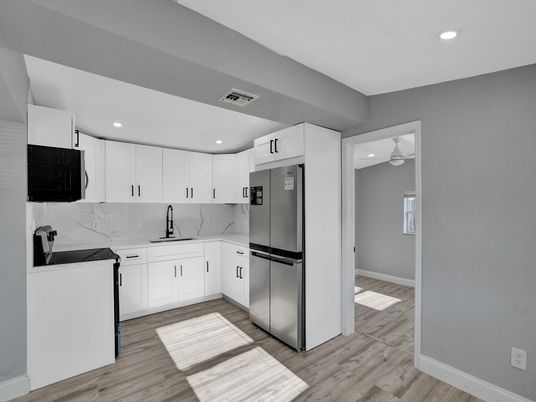 Interior, Kitchen, Marble Walls, Recessed Lighting, Wood Texture Flooring
