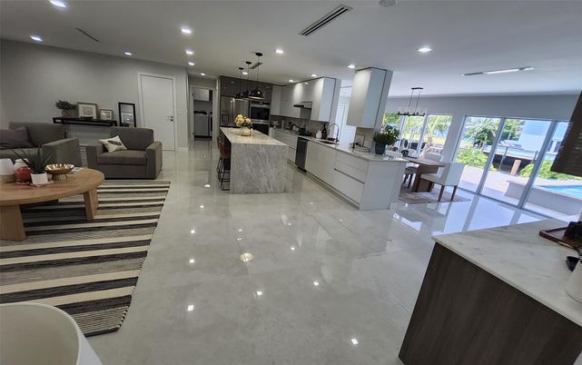 Dining room, Interior, Kitchen, Living room, Marble, Pendant Lights, Recessed Lighting, Stainless Steel Appliances