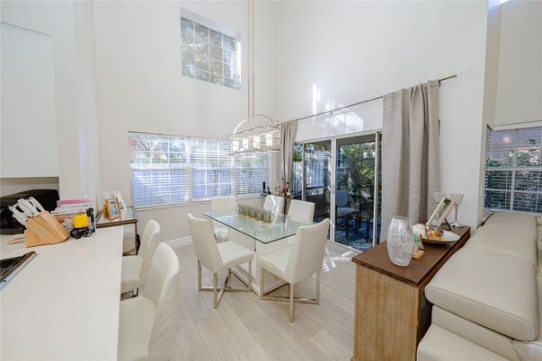 Dining room, Interior, Pendant Lights, Wood Texture Flooring