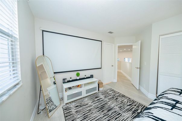 Interior, Projection Screen, Recessed Lighting, Wood Texture Flooring