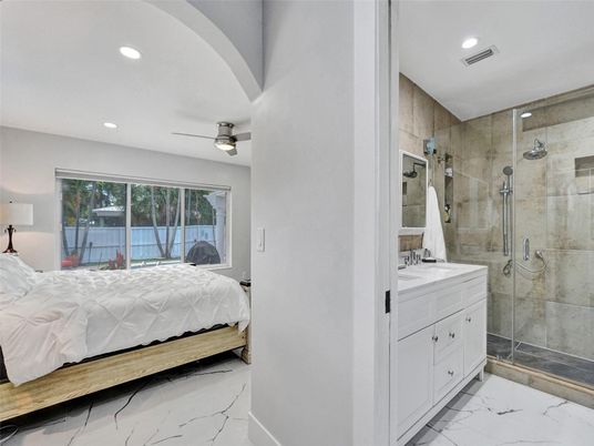 Bathroom, Bedroom, Glass Shower, Interior, Marble, Recessed Lighting