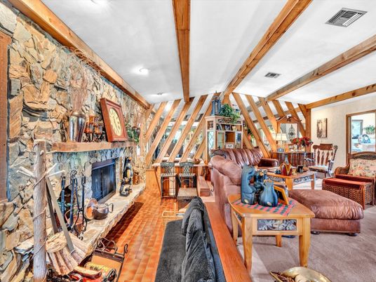 Fireplace, Interior, Living room, Recessed Lighting, Stone Walls, Wooden Beams