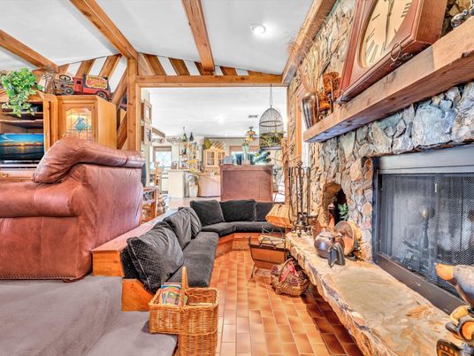 Fireplace, Interior, Living room, Recessed Lighting, Stone Walls, Wooden Beams