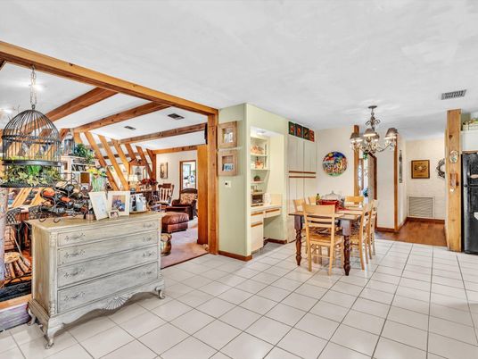 Chandelier, Dining room, Interior, Wooden Beams