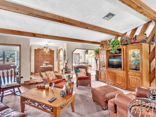 Chandelier, Interior, Living room, Wooden Beams