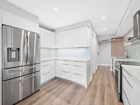 Interior, Kitchen, Recessed Lighting, Stainless Steel Appliances, Wood Texture Flooring