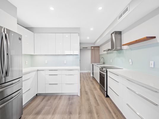 Interior, Kitchen, Recessed Lighting, Stainless Steel Appliances, Wood Texture Flooring