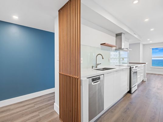 Interior, Kitchen, Recessed Lighting, Stainless Steel Appliances, Water, Wood Texture Flooring