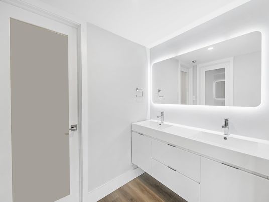 Bathroom, Dual Sink Vanities, Interior, Recessed Lighting, Wood Texture Flooring