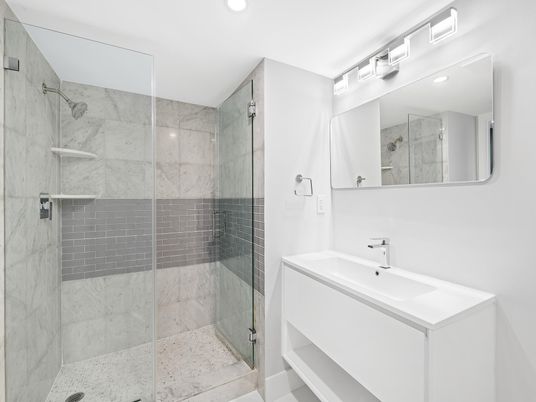 Bathroom, Glass Shower, Interior, Marble Walls, Recessed Lighting